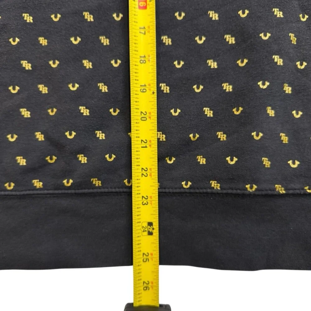 True Religion Monogram Pullover Hoodie Black Gold All Over Horseshoe Logo Mens L